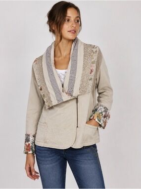 Desigual Beige Mixed-Media Shawl-Collar Jean Jacket